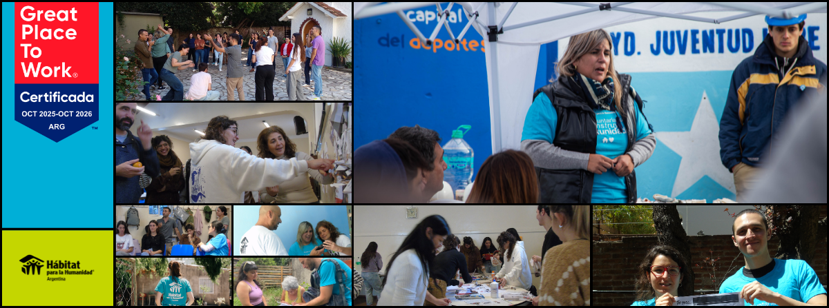 Collage de fotos del equipo de Hábitat para la Humanidad Argentina junto al logo de Great Place to Work